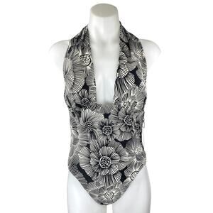 NEW Express Body Contour Black White Floral Plunge Halter One Piece Swimwear M
